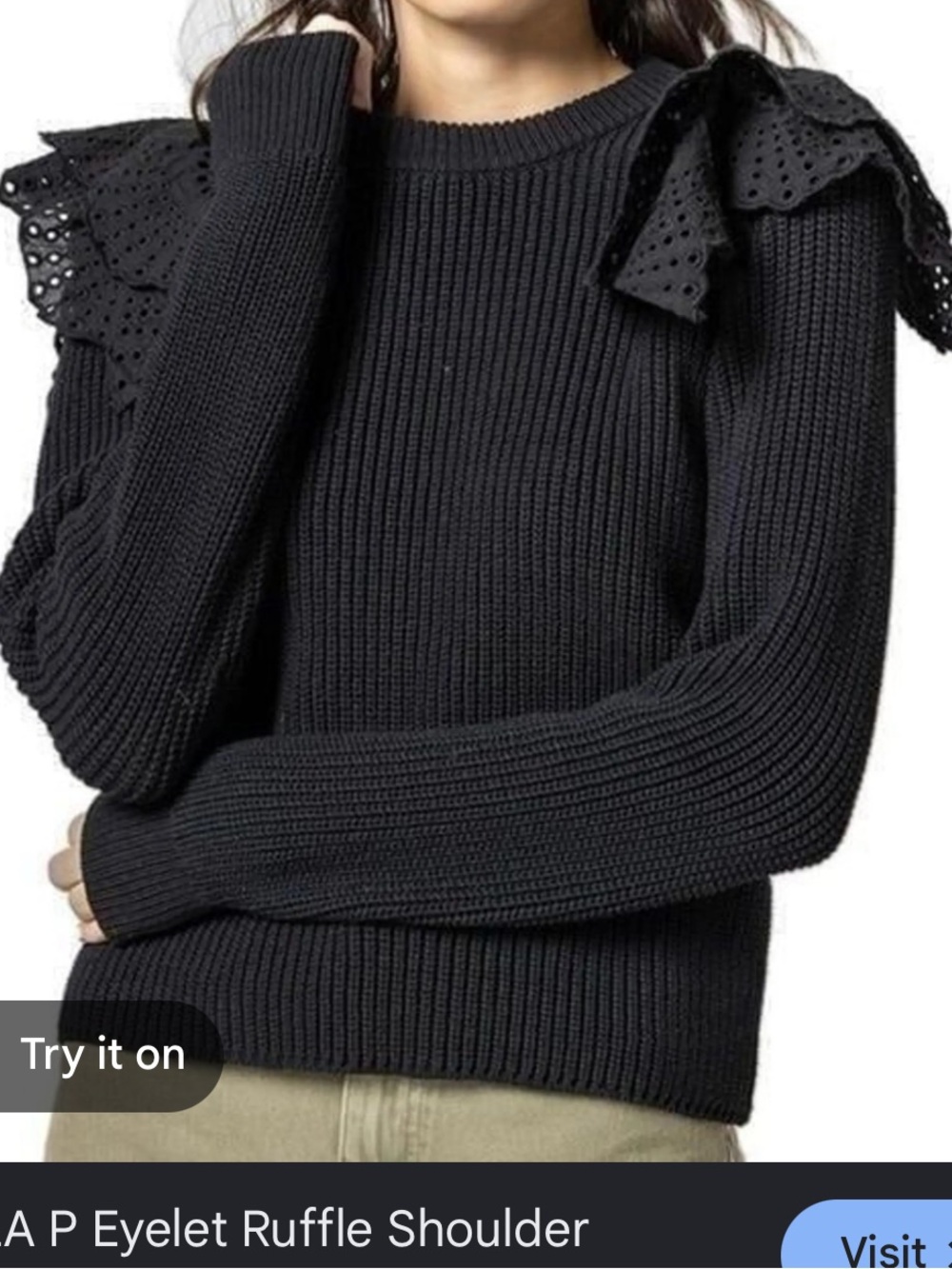 Lilla P Black Eyelet Ruffle-Shoulder Crewneck Sweater